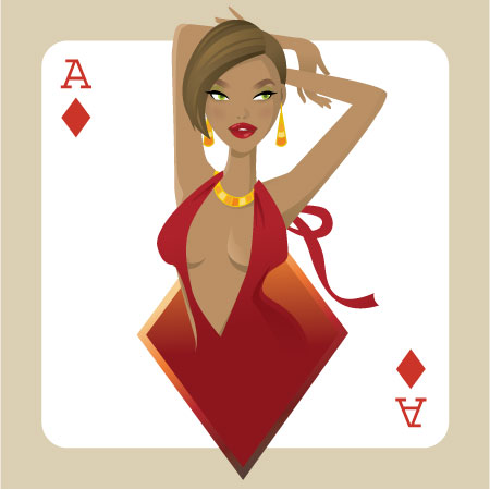 illustration of woman in skimpy dress with ace of hearts