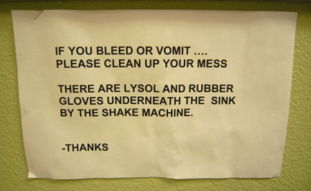 if you bleed or vomit please clean up couture